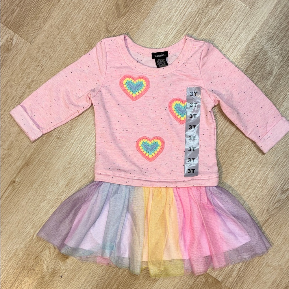 NEW Zunie Pink Dress with Colorful Appliqué Heart Details 3T